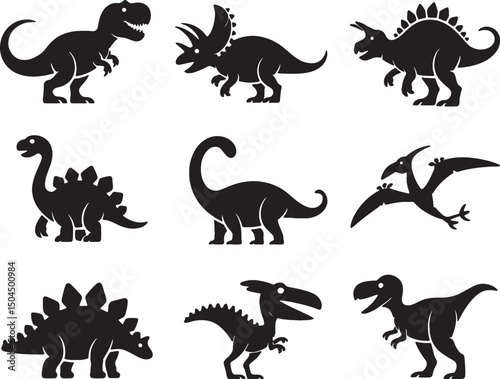 Eight silhouettes of prehistoric dinosaurs