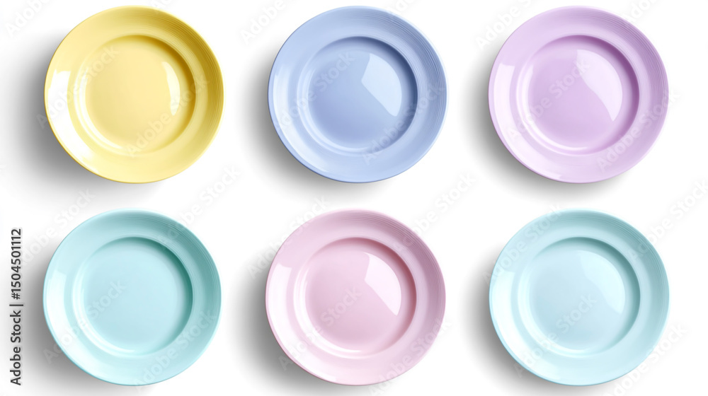 A set of round plates in pastel colors, each with its own color gradient from light to dark, displayed on an isolated white background. The plates have rounded edges and are suitable A set of round plates in pastel colors, each with its own color gradient from light to dark, displayed on an isolated white background. The plates have rounded edges and are suitable