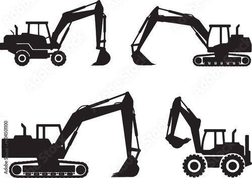 Four excavators construction equipment silhouettes