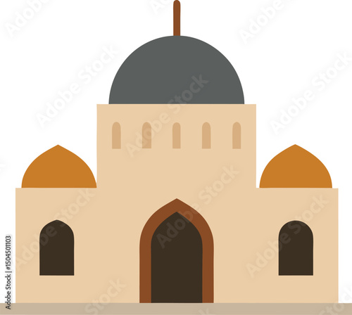 Illustration of Mosque with Domed Roof and Artistic Details on White Coloring Page with Dome, Minaret and Islamic Architecture in Flat Style