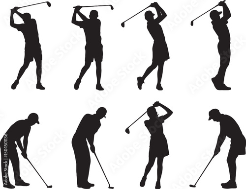 Golfers silhouettes diverse poses swinging putting