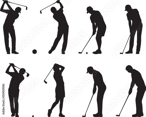 Golfers silhouettes action poses sports recreation