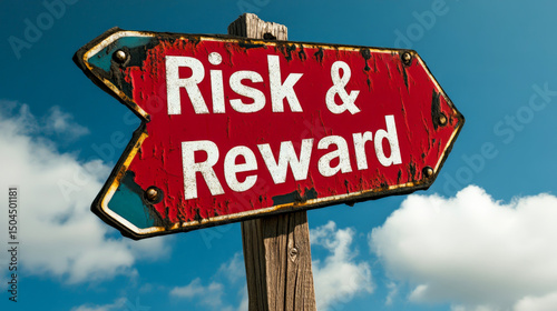 Risk and reward concept with green road sign on blue sky background