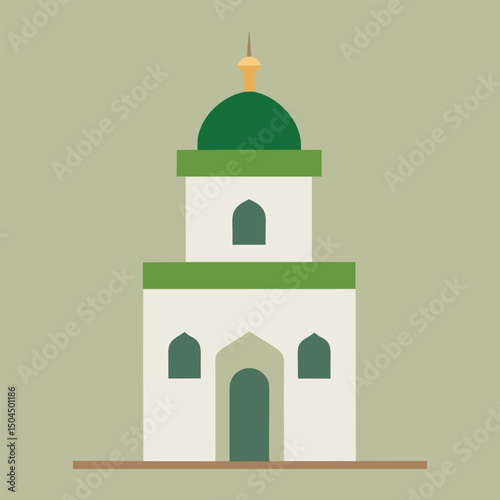 Minimalist Illustration of a Mosque with Green Dome and Minaret Coloring Page with Dome, Minaret and Islamic Architecture in Flat StyleStyle
