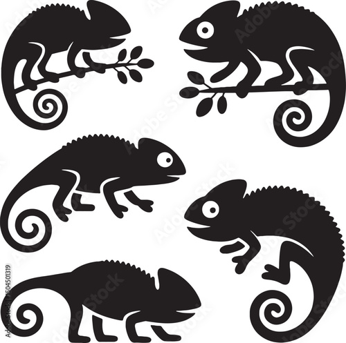 Silhouettes of chameleons on branches, reptile icons