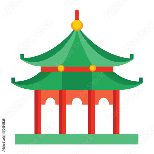 Traditional Asian Pavilion with Vibrant Colors and Decorative Architecture Coloring Page with Dome, Minaret and Islamic Architecture in Flat Style