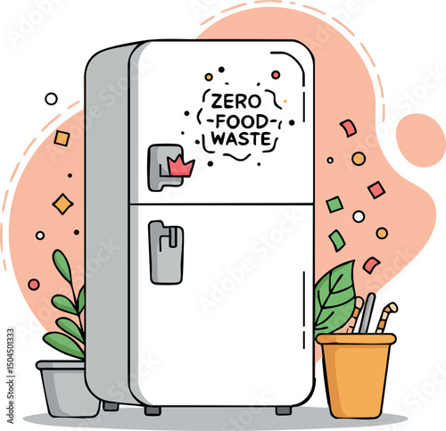 Refrigerator with zero food waste concept surrounded by plants and reusable cup vector illustration 
