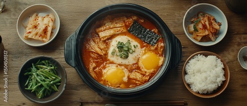 Korean kimchi stew with egg, served with kimchi, rice, and green side dishes