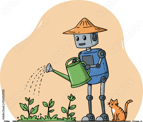 Robot watering plants in garden with cat companion vector illustration in blue and orange tones 