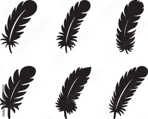 Six black silhouettes of elegant bird feathers