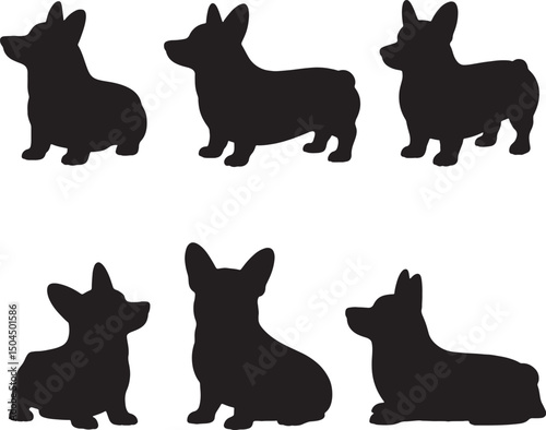 Six silhouettes of adorable welsh corgi dogs