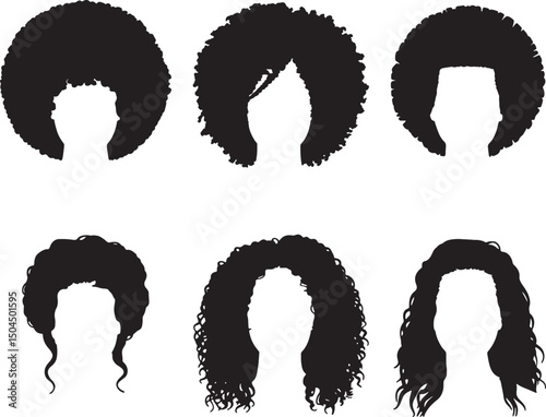 Six silhouettes of different black hairstyles for women