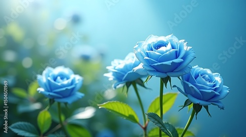 The image depicts three vibrant blue roses with lush green foliage.