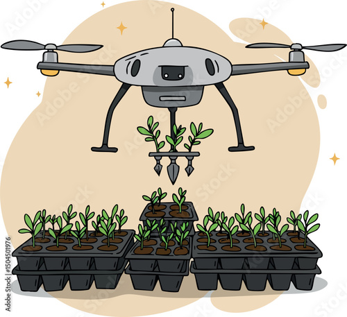 Agricultural drone planting seedlings in trays for sustainable farming technology vector illustration 