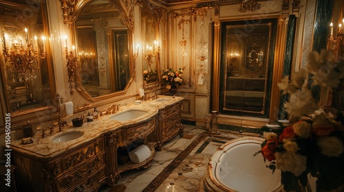 Lavish gold-trimmed bathroom with marble counters, ornate mirrors, and freestanding tub