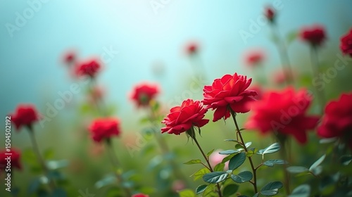 Flourishing red roses bloom amidst lush greenery.