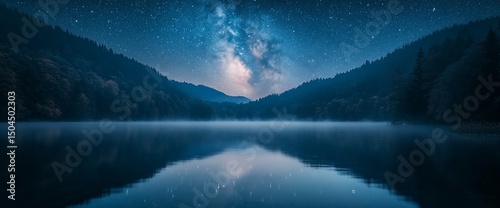Serene Lake Reflection of Milky Way Amidst Mountains and Forest Landscape