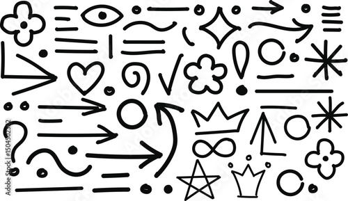 Grungy hand-drawn doodle icon set featuring stars, hearts, arrows, eyes, symbols, and sketch elements. Perfect for creative design, stickers, branding, and digital art.