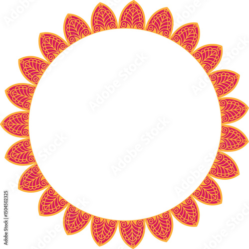 Decorative Mandala Frame 2 with Floral Petal Border, Circular mandala frame with Pink and yellow floral petal design on white background