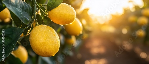 Lemons on branches with leaves. Sunlight in background, droplets visible
