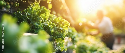 Lettuce growing. Sunlit hydroponics. Farmer in background tending plants