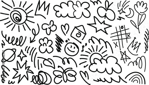 Grungy hand-drawn doodle icon set with cute symbols, abstract elements, hearts, stars, clouds, and arrows. Trendy black and white sketch icons for fun, modern, aesthetic designs.