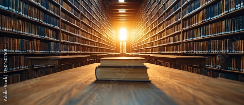 Library interior with books, sunlight, and a stack on a wooden table