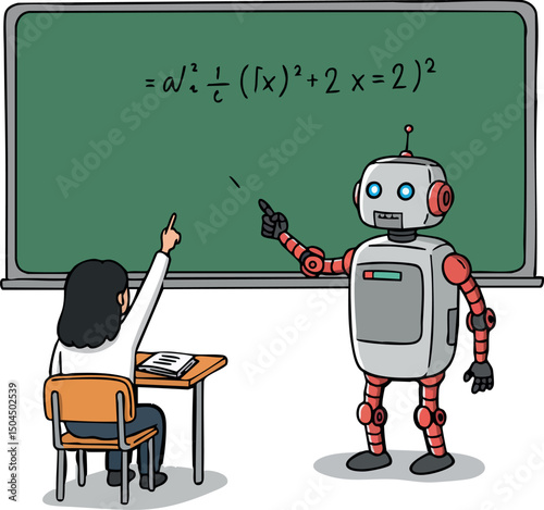 Robot teaching math to student at classroom blackboard educational technology vector illustration 