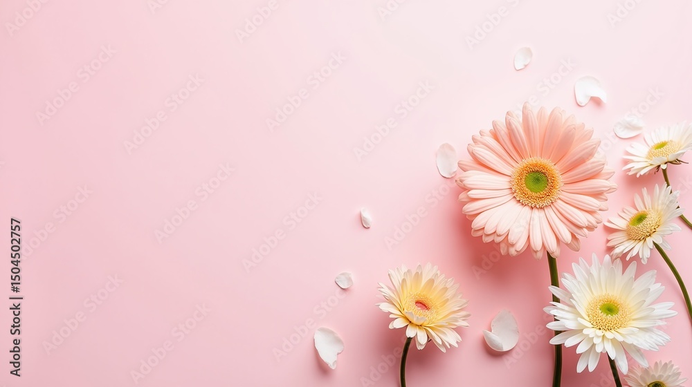 Fototapeta premium Bouquet of gerbera daisies with scattered petals on a pink background.