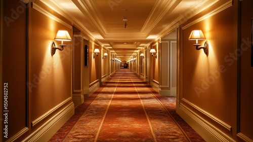 Long, lit hallway with warm tones and symmetrical design