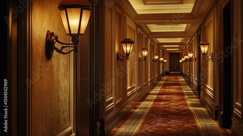Long, ornate hallway with vintage wall lamps, red carpet, and warm lighting