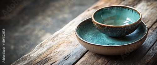 Tranquil turquoise stoneware bowl and plate set resting on weathered wooden plank