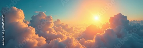 Sun-drenched cumulus clouds, shimmering heat haze, intensity, atmosphere