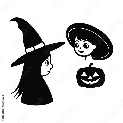 Collection of adorable witch illustrations, featuring different poses, with bats and pumpkins