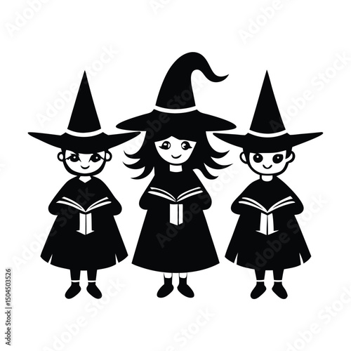 Collection of adorable witch illustrations, featuring different poses, with bats and pumpkins