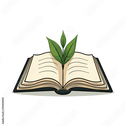 Open Book with Green Plant Growing from Pages, Representing Knowledge and Growth Illustration