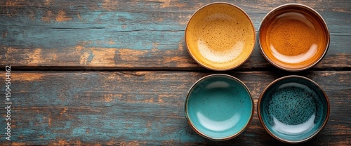 Top view of colorful ceramic bowls on rustic wooden table creating an artistic arrangement