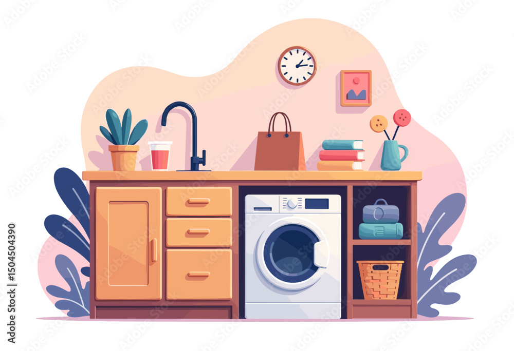 Cozy Laundry Room Interior Design Illustration with Washing Machine, Sink, and Decorative Elements Cozy Laundry Room Interior Design Illustration with Washing Machine, Sink, and Decorative Elements