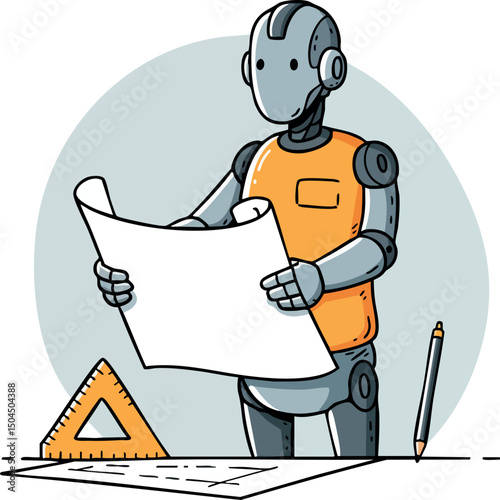 Robot engineer examining blueprint with drafting tools and pencil in workspace vector illustration 