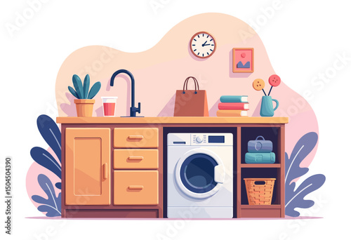 Cozy Laundry Room Interior Design Illustration with Washing Machine, Sink, and Decorative Elements