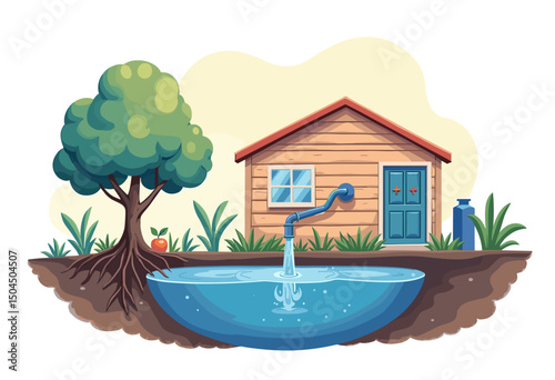 Water Pump Illustration: A Sustainable Water Source for Home and Garden with a Tree and Blue House