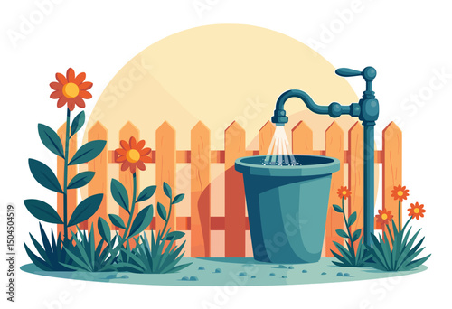 Water Conservation Illustration: A Leaky Faucet Filling a Bucket in a Garden Setting