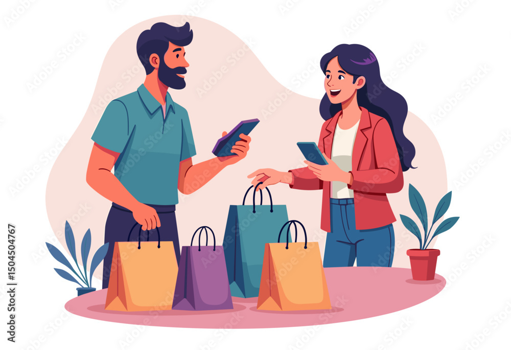 Fototapeta premium Cartoon Illustration of a Man and Woman Shopping with Bags and Smartphones, Engaging in a Transaction