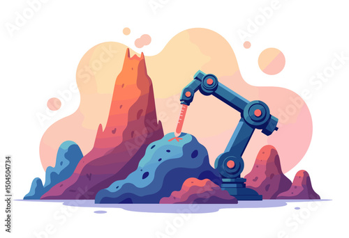 Robotic Arm Mining on an Alien Planet Landscape Illustration with Colorful Rock Formations and Volcanic Peak