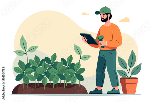 Illustration of a farmer using a tablet to monitor plant growth in a field, showcasing modern agriculture technology and sustainable farming practices