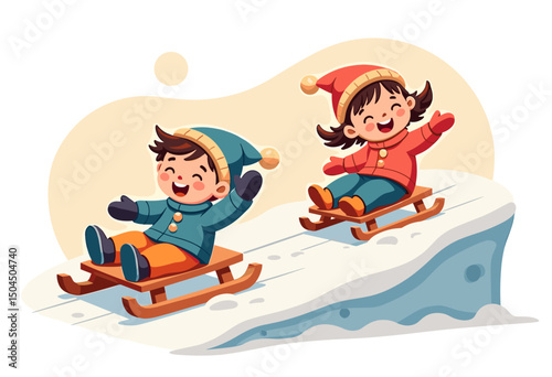 Cartoon Illustration of Two Children Sledding Down a Snowy Hill on Wooden Sleds, Enjoying Winter Fun