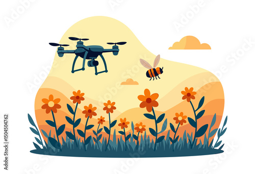 Drone Flying Over a Flower Field with a Bee Illustration, Agriculture Technology and Pollination Concept