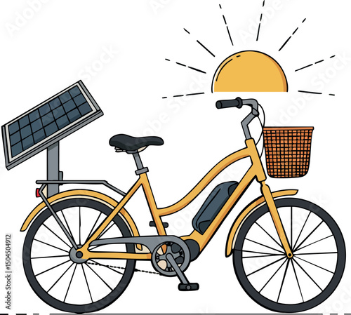 Solar powered electric bicycle with basket in yellow color under sunny sky vector illustration 
