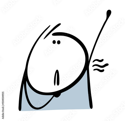 Doodle teenager sniffs his sweat. Vector illustration cartoon stickman raised his hand, unpleasant smell under his armpit. Violation of personal hygiene.