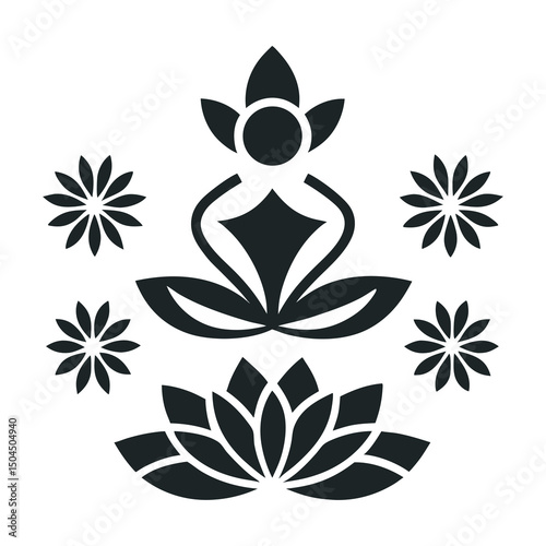 Abstract Meditating Figure with Lotus and Floral Elements